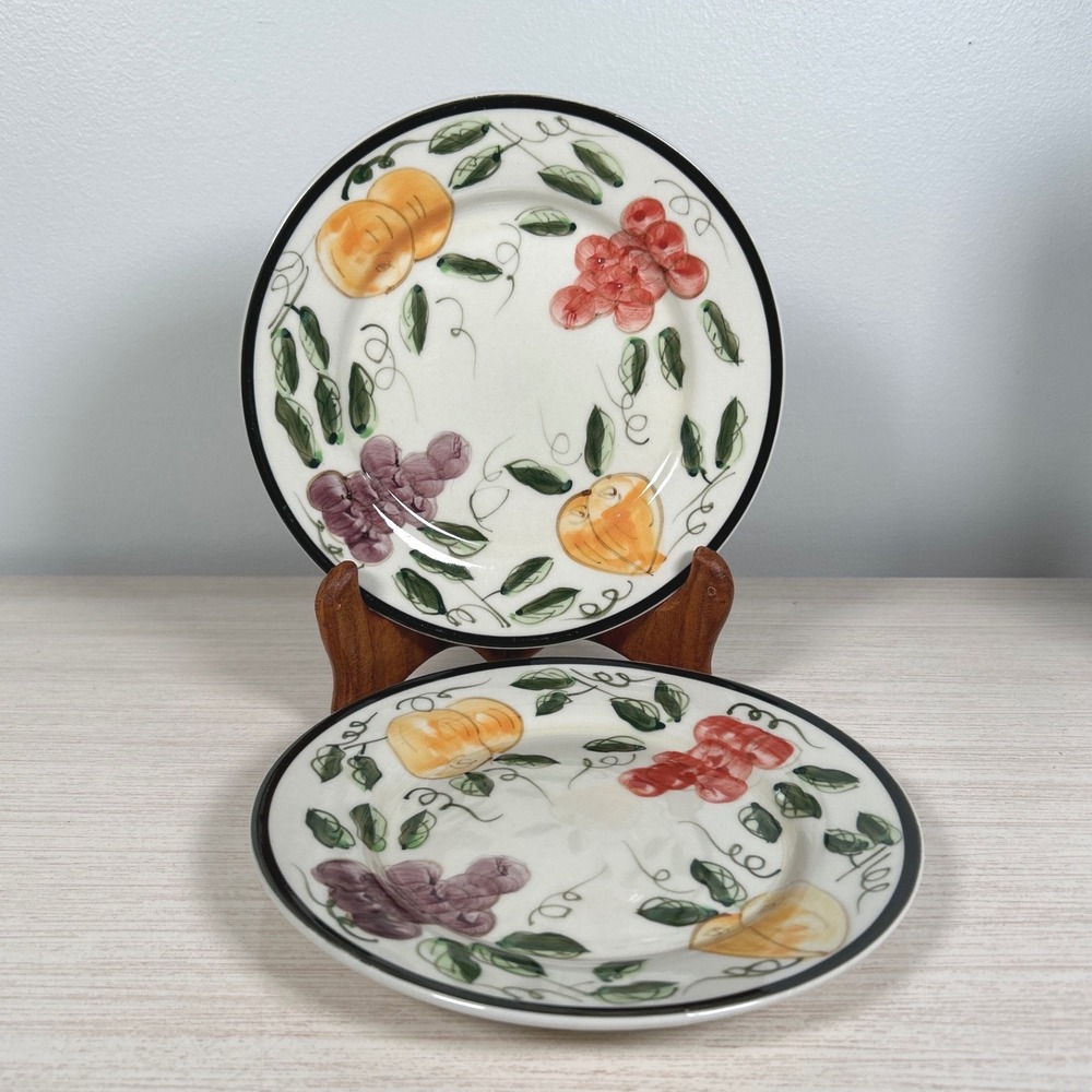 Farberware Trieste Salad Dessert Plates Hand Painted Fruit Green Country Tusan